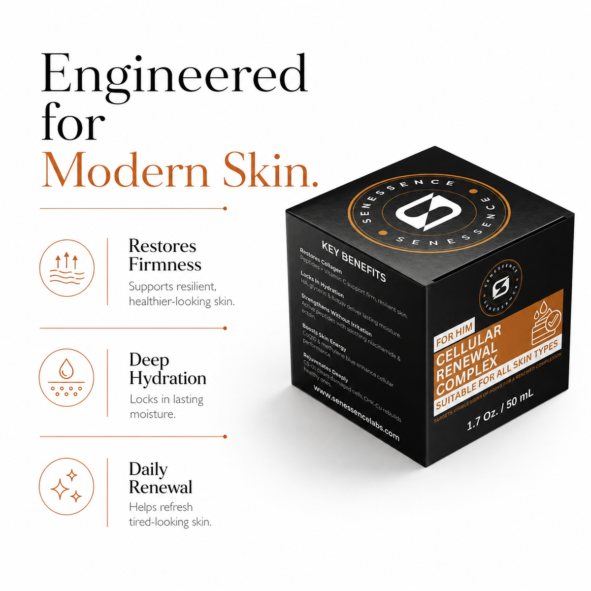 Senessence Cellular Renewal Complex skincare box with benefits including skin firming, deep hydration, and daily skin renewal for all skin types