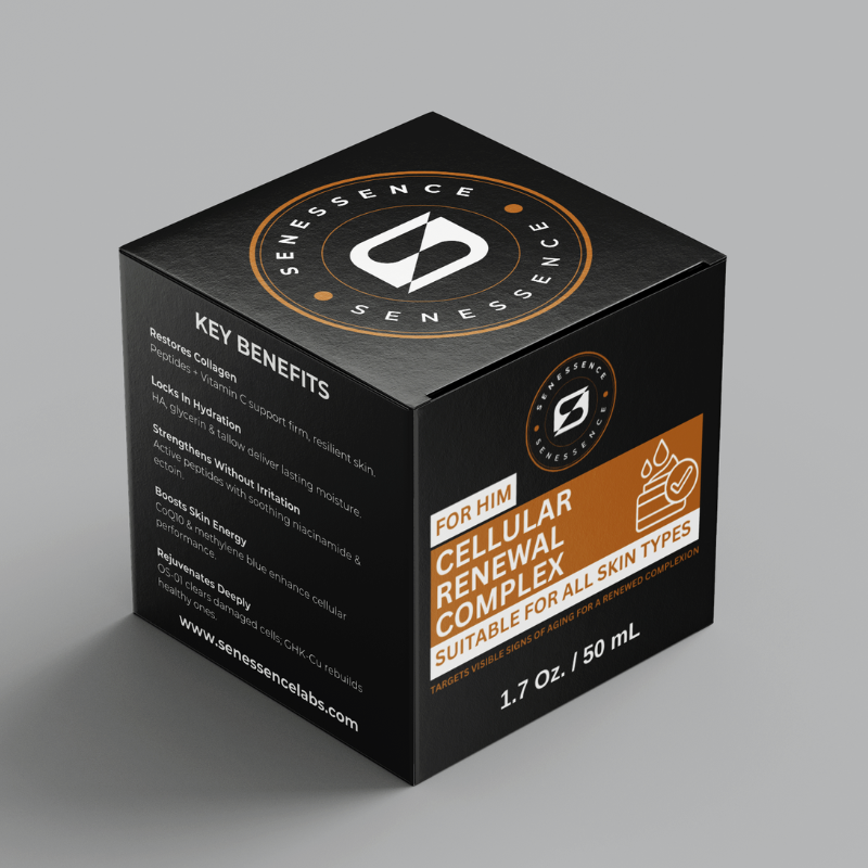Senessence Cellular Renewal Complex 50ml skincare cream packaging for men, formulated to support firmer, hydrated, healthier-looking skin for all skin types