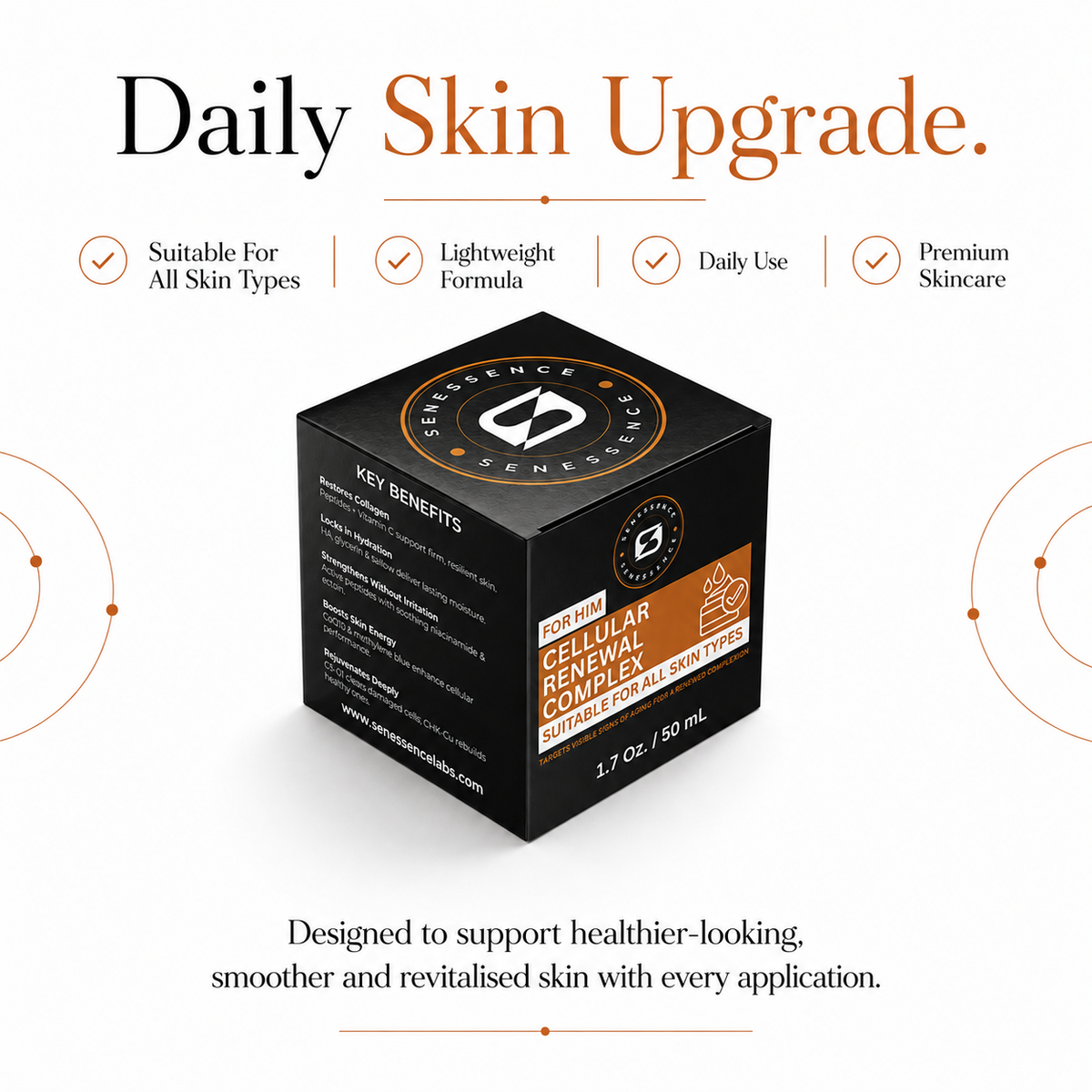 Senessence Cellular Renewal Complex skincare cream packaging highlighting lightweight daily formula for healthier-looking, smoother skin suitable for all skin types