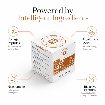 Senessence For Her Cellular Renewal Complex skincare highlighting collagen peptides, hyaluronic acid, niacinamide and bioactive peptides to support firmer, hydrated, healthier-looking skin