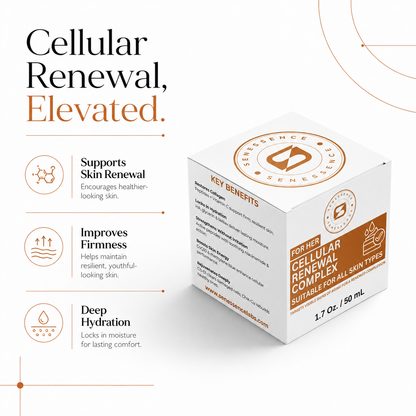 Senessence For Her Cellular Renewal Complex skincare highlighting skin renewal, improved firmness and deep hydration for healthier-looking skin suitable for all skin types.